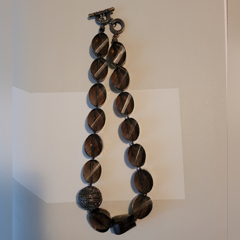 Heavy Glass Bead Necklace with Metal Details, Murky-Green Colour